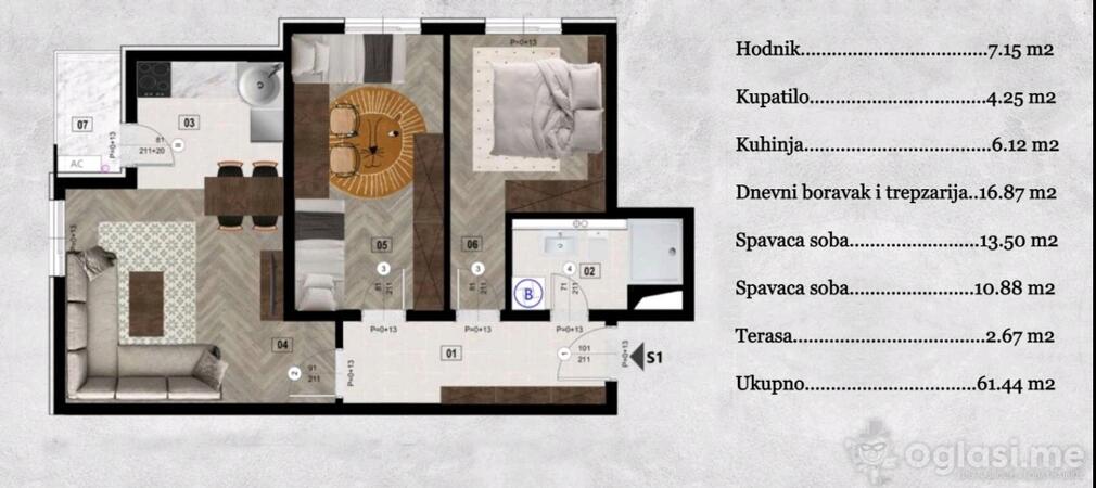 Dvosoban stan 61m2 - Podgorica - Stari Aerodrom