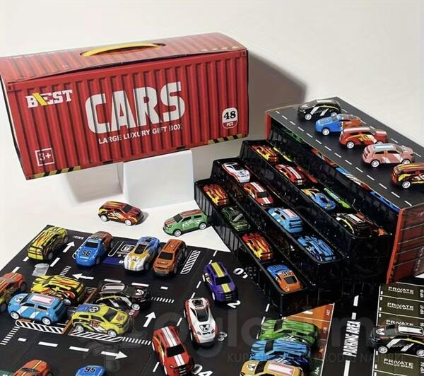NOVI Komplet trkačkih automobila od 48 delova, poklon kutija, kolekcionarsko izdanje. Uključuje mapu, parking i trkačku stazu, plus garažu na četiri nivoa. Interaktivna igračka za dečake, najbolji poklon.