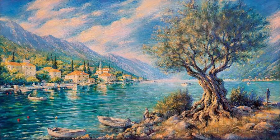 Obala Boke Kotorske, ulje na platnu, 120×60 cm