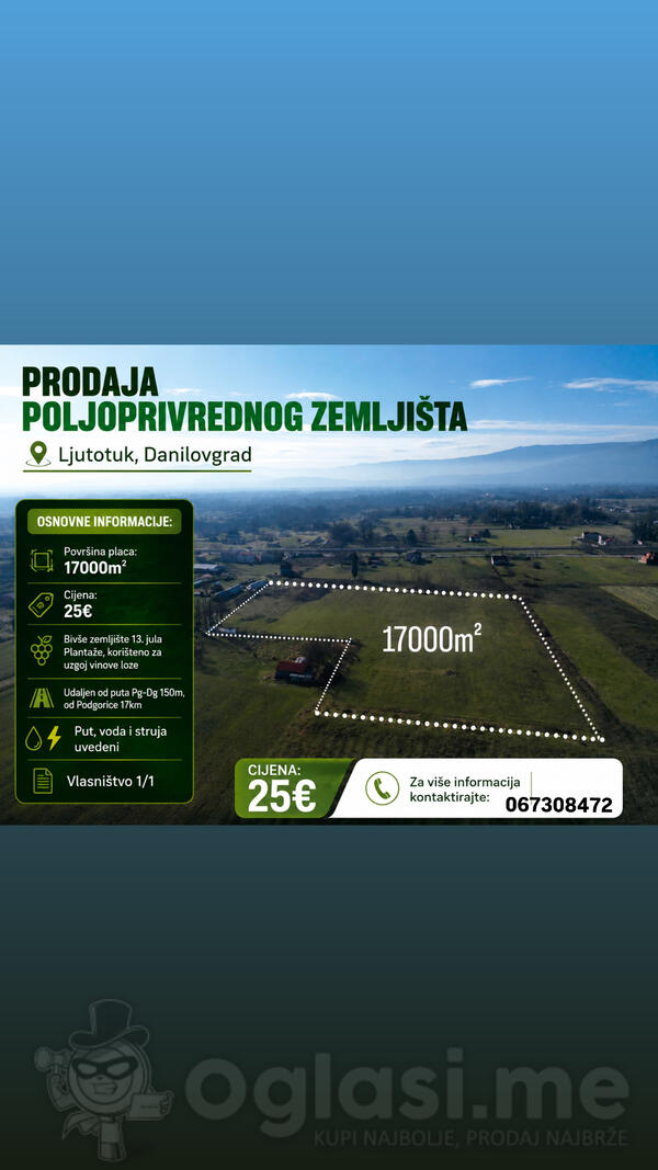 Poljoprivredno zemljište 17000m2 - Danilovgrad - > Okolina grada
